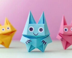 Cute origami gremlinlike monster with mischievous eyes and tiny clawed folded hands