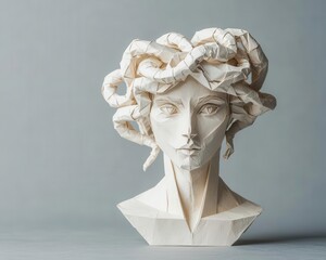 Origami Medusa with intricately folded paper snakes forming her hair, staring menacingly