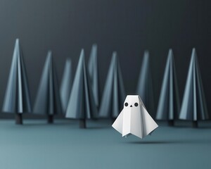 Cute yet spooky origami ghost monster floating in a dark, misty paper forest