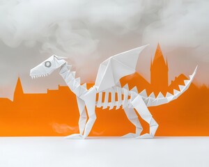 Origami skeletal dragon with sharp folded bones, glowing eyes, and ghostly folded wings