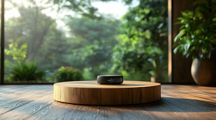 A dark, round object sits atop a wooden platform.