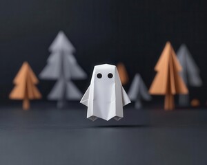 Cute yet spooky origami ghost monster floating in a dark, misty paper forest