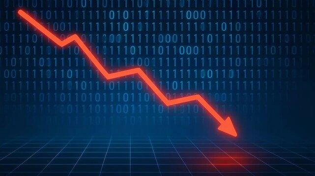 A digital representation of a declining trend, showcasing red downward arrows against a backdrop of binary code, symbolizing data loss, financial downturn, or market reduction.