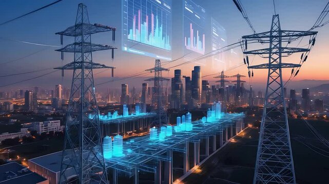Futuristic city skyline with glowing power lines and digital graphs above modern skyscrapers at sunset showcasing advanced energy technology - Powered by Adobe
