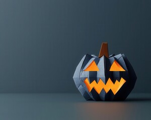 Origami pumpkin monster with jagged folded teeth, glowing from within like a paper lantern