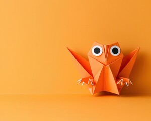 Cute origami gremlinlike monster with mischievous eyes and tiny clawed folded hands
