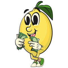 cute lemon mascot cartoon carrying money, fun citrus character vector for summer, work of hand drawn