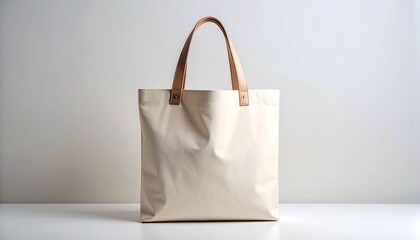 Beige Canvas Tote Bag with Leather Handles on Light Background