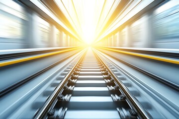Perspective view of illuminated underground railway tunnel with motion blur
