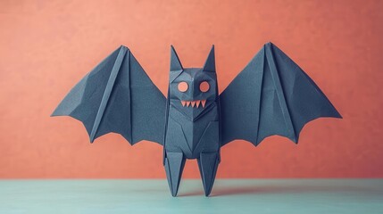 Origami vampire bat monster with wide folded wings, sharp paper fangs, and eerie glowing eyes