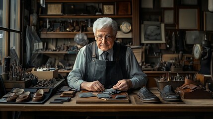 Senior shoemaker at work