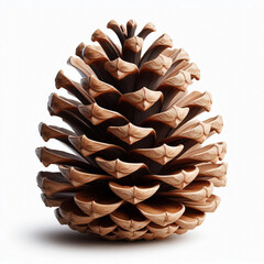 A large, detailed pine cone with a rich brown color and distinct layered scales. The background is plain and white, emphasizing the natural texture of the cone.