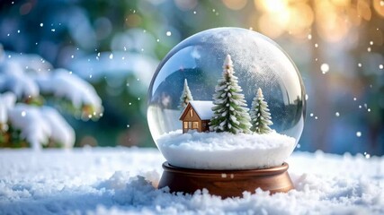 Enchanting winter scene featuring a miniature house and pine trees encased within a snow globe, surrounded by soft snowfall creating a serene holiday atmosphere - Powered by Adobe