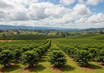 Rows of coffee plants on a farm under a cloudy sky in queensland, australia