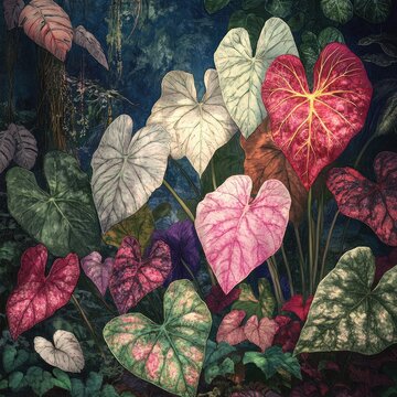 Lush, vibrant foliage in a tropical forest setting.  Colorful heart-shaped leaves of various shades of pink, red, white, and purple,  surrounded by darker foliage, create a dense, immersive scene