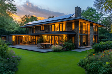 Fototapeta premium Modern sustainable home with solar panels surrounded by lush garden at sunset