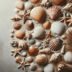 A collection of various seashells and starfish arranged on a sandy surface. The shells display different shapes and colors, showcasing natural marine beauty.