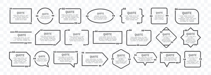 Quote text in speech bubble.Quote box frame, big set.Texting quote boxes. Quote text in speech bubble. Quotation, comment, dialog with frame. Speech bubble in shapes with title,vector illustration.
