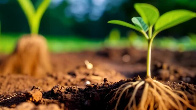Young sprout emerging from the soil, showcasing root structure and the vibrant green leaves, symbol of new life