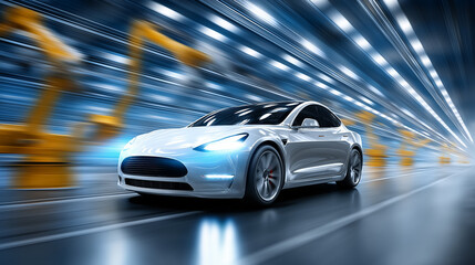 White electric car speeds through advanced manufacturing facility with robotic arms in the background. High-tech setting emphasizes innovation and efficiency