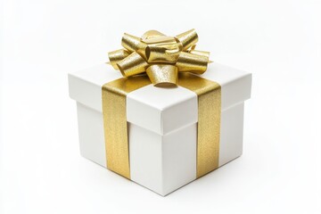 Obraz premium White gift box with gold ribbon isolated on white background