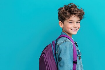 Young boy wearing a denim jacket and purple backpack.