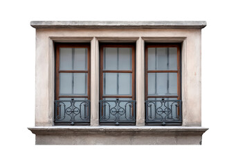 Obraz premium Elegant triple-pane window with ornate iron grillwork on vintage building on transparent background, PNG