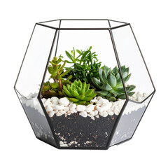 Geometric glass terrarium with a variety of succulent plants, black soil and white decorative stones. 