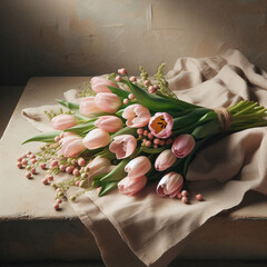 A bouquet of pink tulips arranged on a soft fabric surface. The flowers are fresh and vibrant, showcasing their delicate petals and green stems.