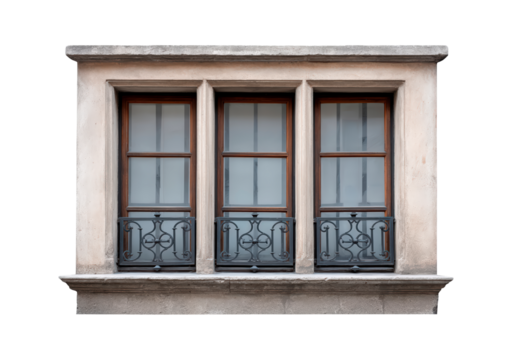 Elegant triple-pane window with ornate iron grillwork on vintage building on transparent background, PNG