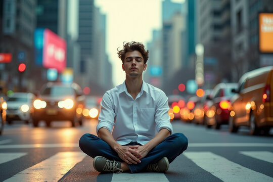 Young Man Practicing Serenity on a Busy Road