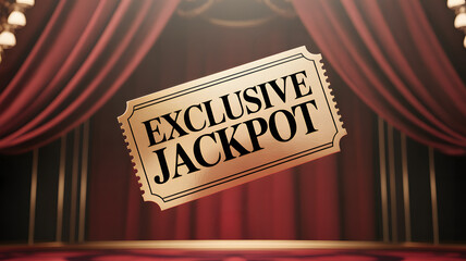 "EXCLUSIVE JACKPOT" text on golden ticket with red theater curtain background
