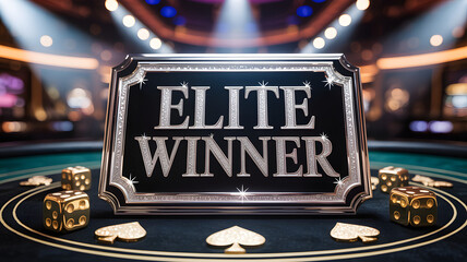 "ELITE WINNER" text on luxury plaque with sparkling accents and casino table setting

