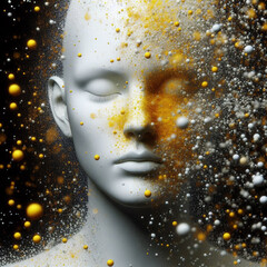 A close-up of a white mannequin head with a smooth surface. Colorful splashes of yellow, white, and orange particles surround the head, creating an abstract effect.