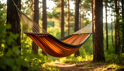 Orange Hammock Hanging Between Trees in a Sunny Forest