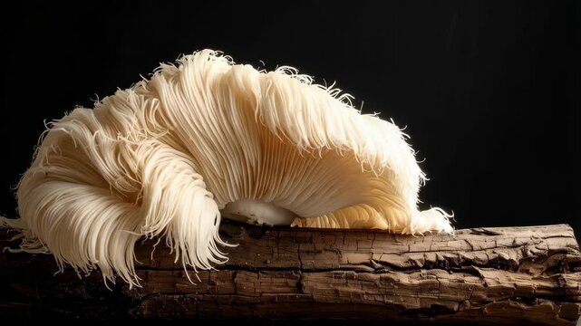 Lion's mane mushroom, Hericium erinaceus, rests atop textured log in studio setting, showcasing its unique texture and form.