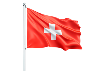 Swiss national flag waving on a pole on transparent background, PNG