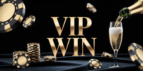 "VIP WIN" text with gold chips, champagne glass, and black satin background
