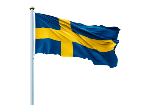 Swedish flag waving on flagpole on transparent background, PNG