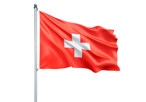 Swiss national flag waving on a pole on transparent background, PNG