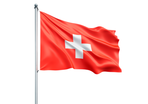 Swiss national flag waving on a pole on transparent background, PNG