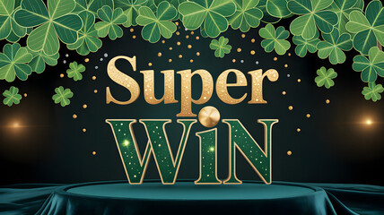 "Super WIN" text with golden letters and clovers on dark stage background
