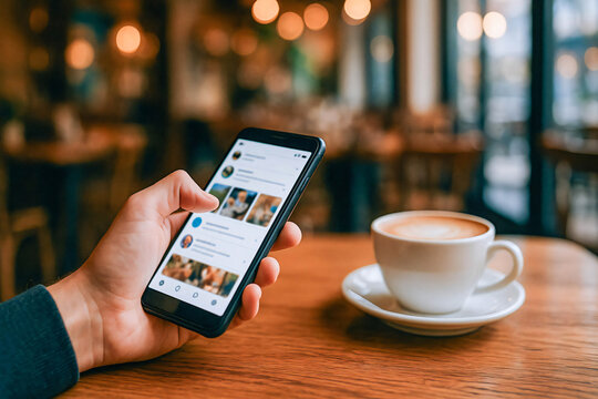 Scrolling Through Social Media on Smartphone in Café with Coffee