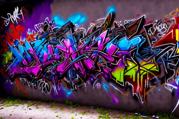 Colorful Urban Graffiti Art on Wall – Street Style Mural Illustration. Vibrant and dynamic graffiti artwork painted on a city wall, featuring bold lettering, vivid colors, and floral elements.