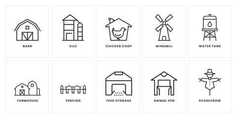 Detailed Icon Set of Essential Farm Structures and Facilities Including Barns, Silos, Chicken Coops, and Windmills for Versatile Agricultural Design and Planning Projects