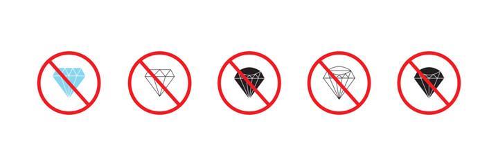 No diamond vector icon. Forbidden carat symbol. No stone gem flat sign design. Prohibited adamant vector icon. Warning, caution, attention, restriction ban pictogram. No jewerly. No VIP vector icon