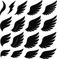 Seamless vector pattern of black bird wings silhouettes with flying animals and feathers