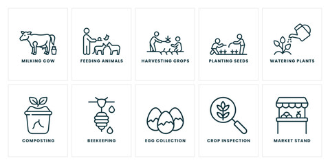 Comprehensive Icon Set of Farming Activities Featuring Milking, Beekeeping, Seed Planting, and More for Agricultural Projects