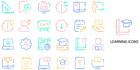 Learning simple concept 24 hand drawn color icons set .Vector illustration.