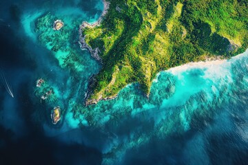 Obraz premium Lush tropical islands emerge from turquoise ocean waters.